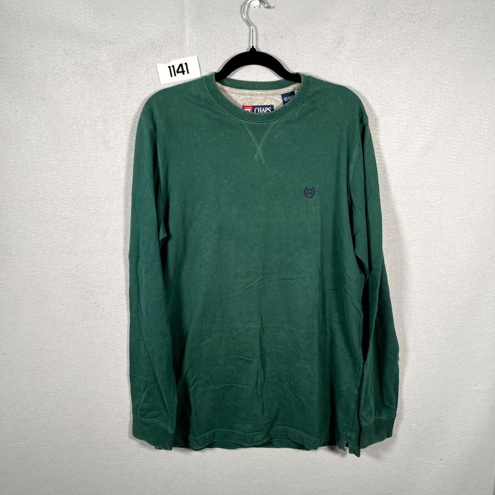 Chaps Shirt Mens Small Green Logo Embroidered Cotton Crew Neck Long Sleeve